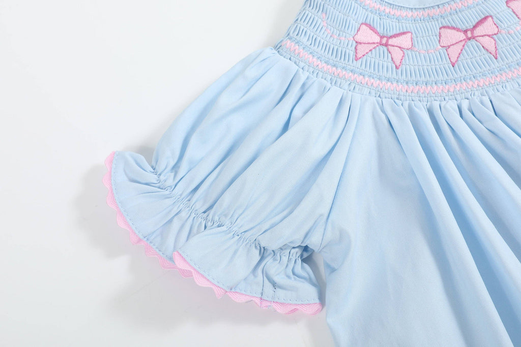 Blue and Pink Bow Smocked Bishop Dress