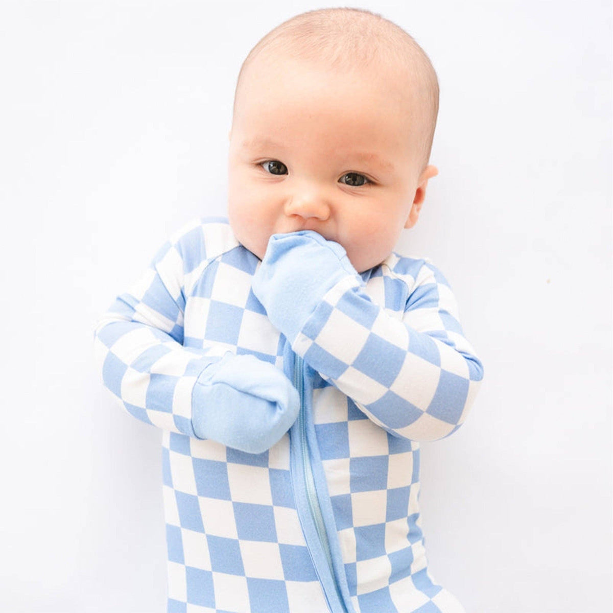 Blue Checkerboard Design Bamboo Zipper Romper Pajamas