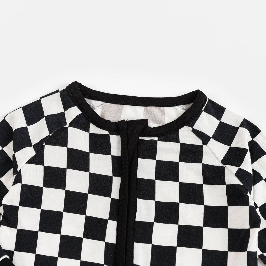 Black and White Checkerboard Design Bamboo Zipper Romper Pajamas