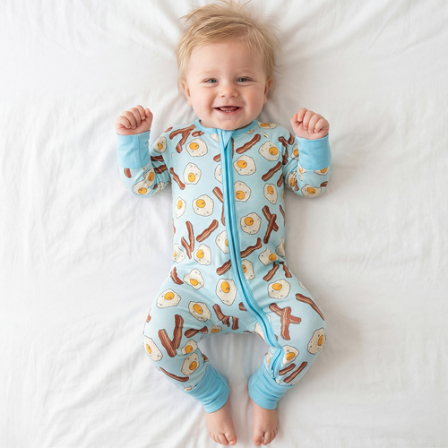 Baby wearing a onesie with breakfast-themed design on a white background