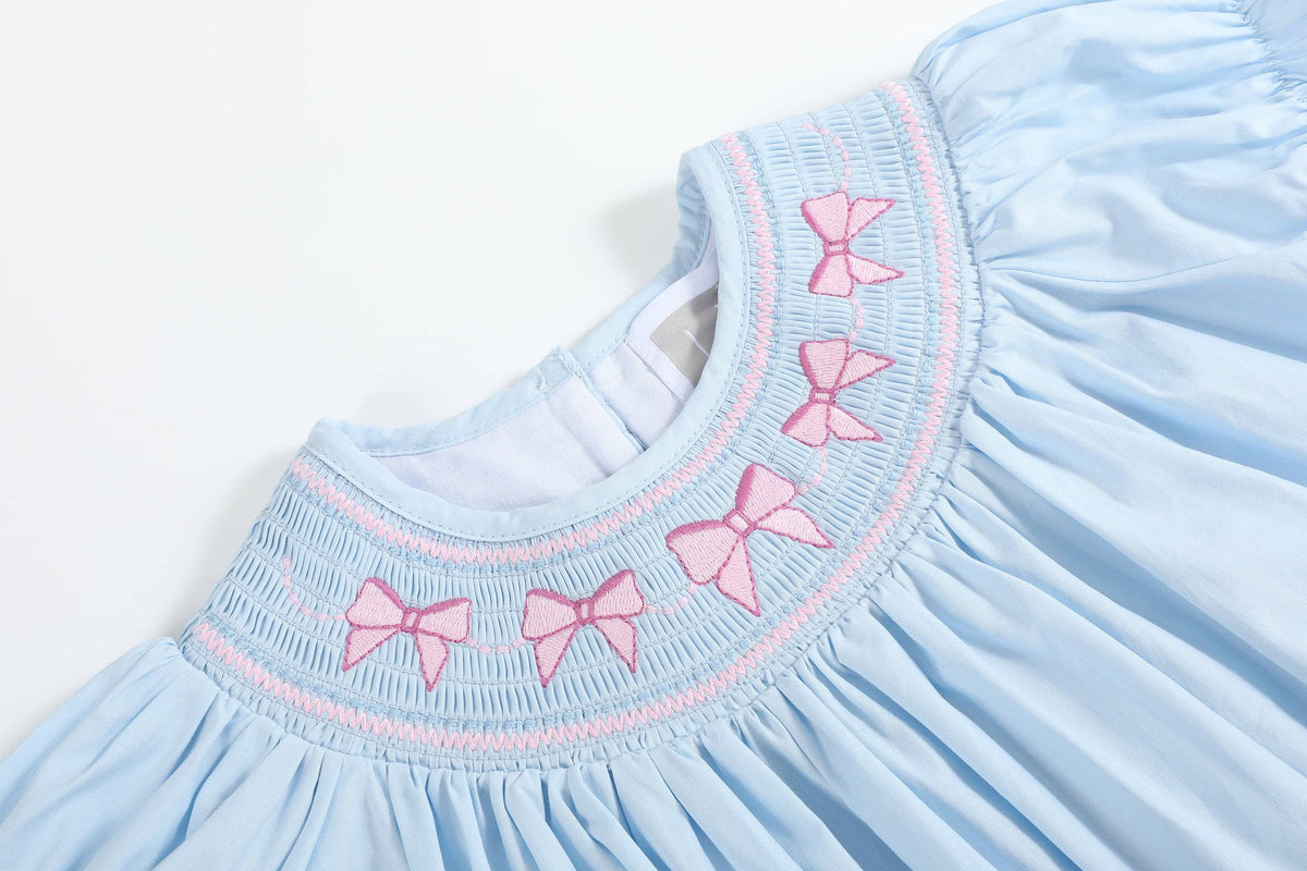Blue and Pink Bow Smocked Bishop Dress
