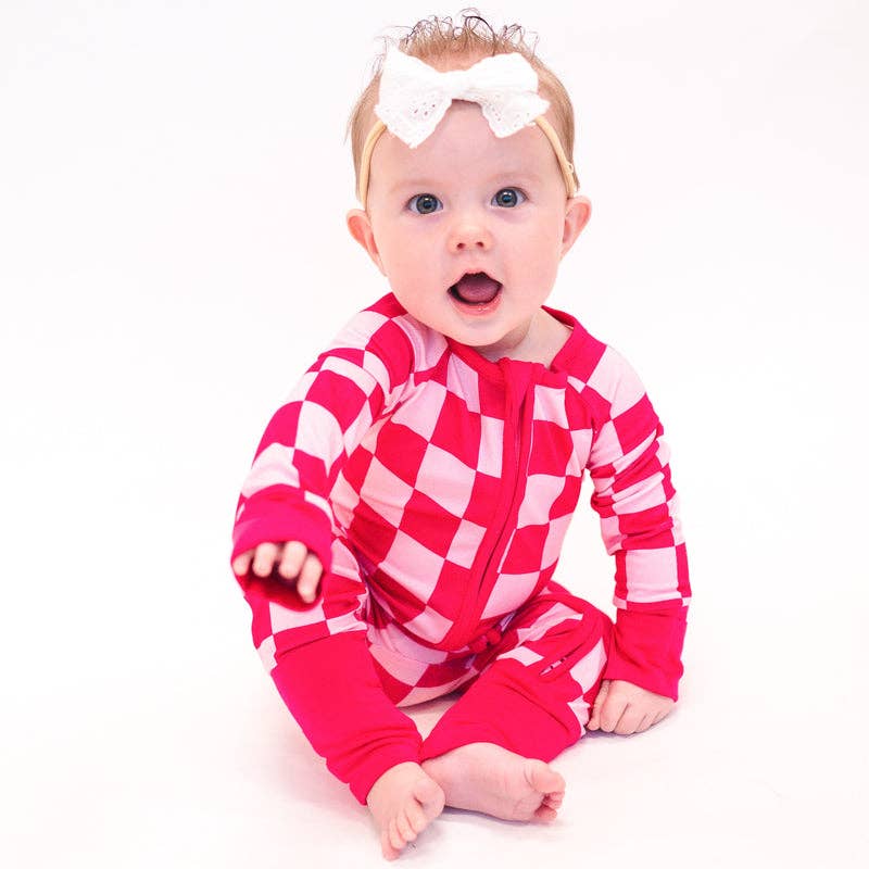 Bamboo Rose Red Checkerboard Zipper Romper Pajamas