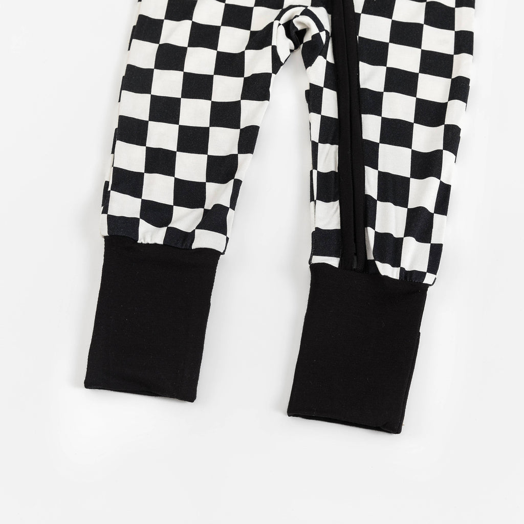 Black and White Checkerboard Design Bamboo Zipper Romper Pajamas