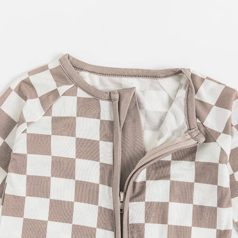 Brown Checkerboard Design Bamboo Zipper Romper Pajamas
