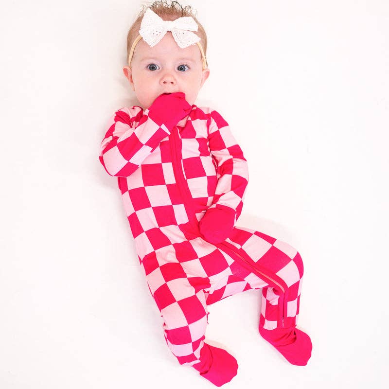 Bamboo Rose Red Checkerboard Zipper Romper Pajamas