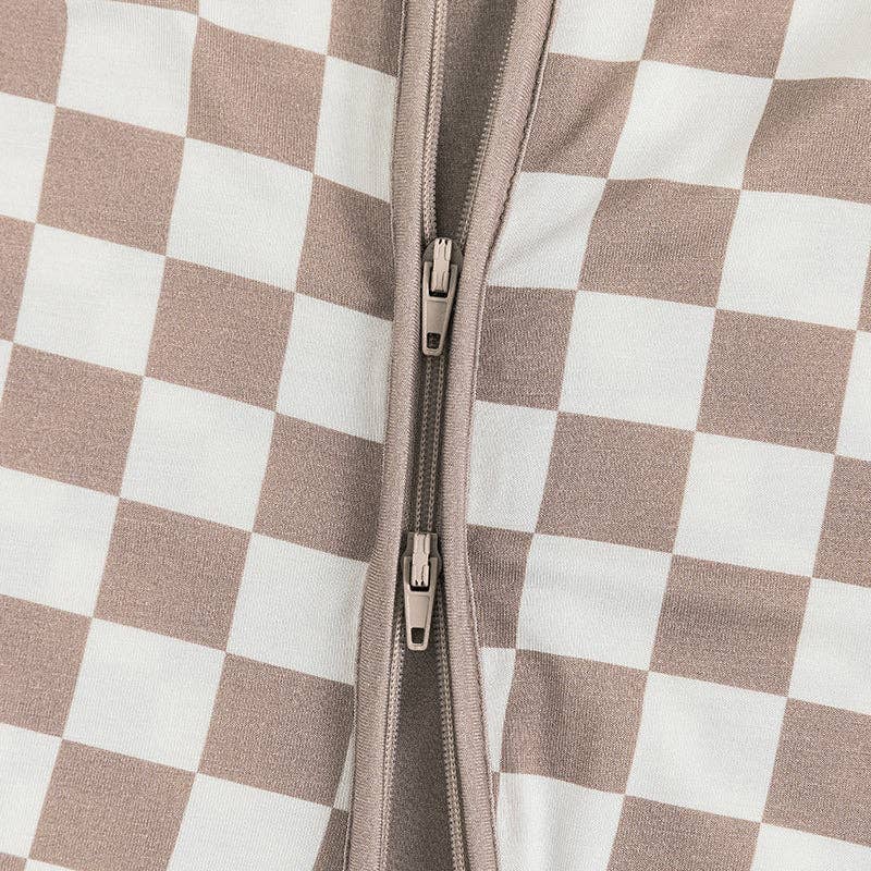 Brown Checkerboard Design Bamboo Zipper Romper Pajamas