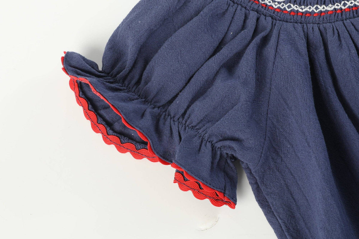 Navy Blue Santa Smocked Bishop Dress: Navy