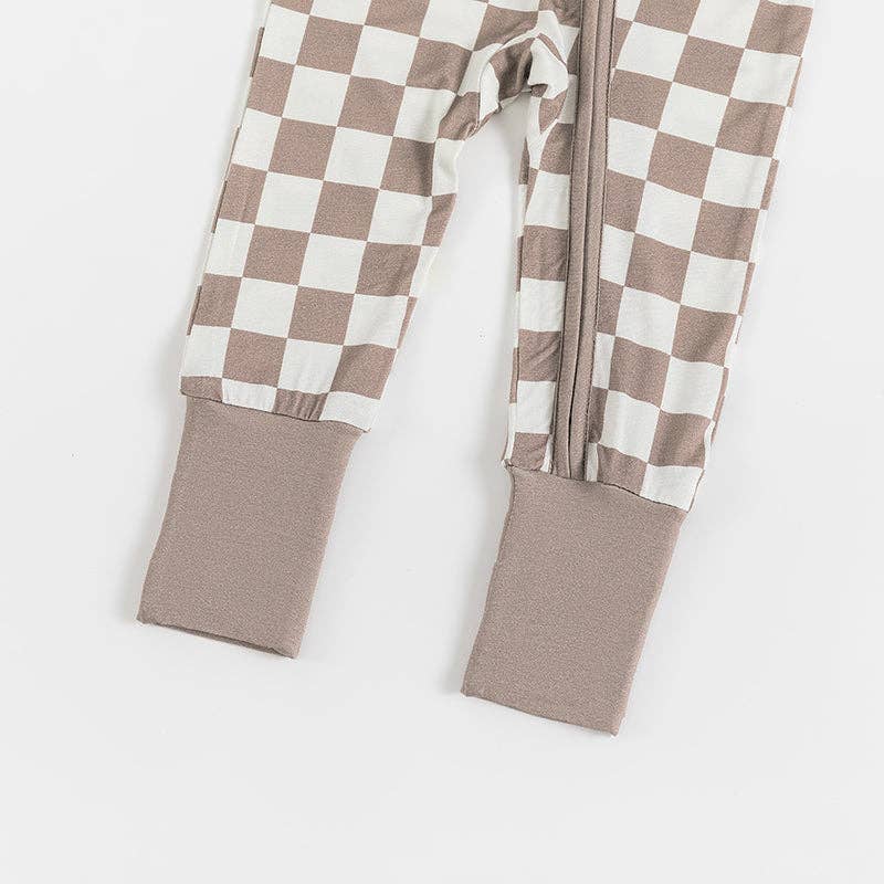 Brown Checkerboard Design Bamboo Zipper Romper Pajamas