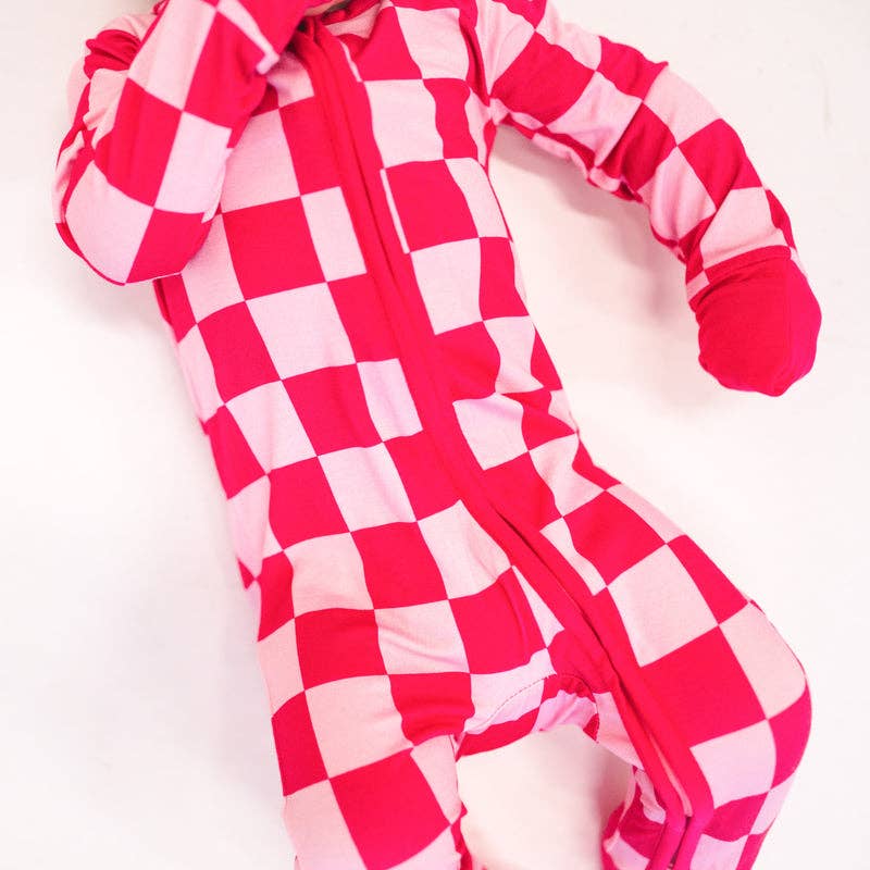 Bamboo Rose Red Checkerboard Zipper Romper Pajamas