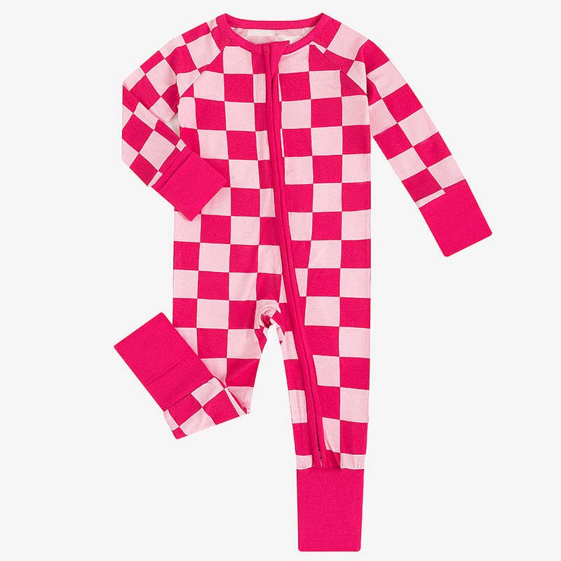 Bamboo Rose Red Checkerboard Zipper Romper Pajamas