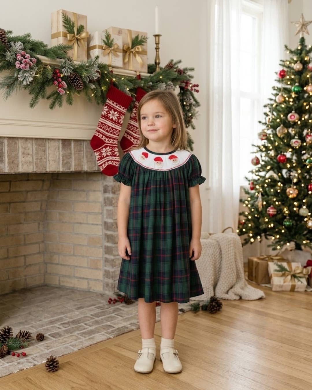 Blue, Green Red Plaid Christmas Santa Smocked Bishop Dress