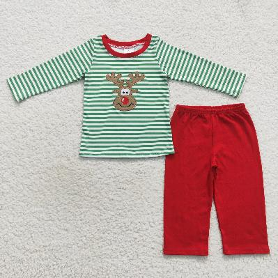 Family Sibling Mama Kids Christmas Embroidery Deer Stripe Boys Rompers