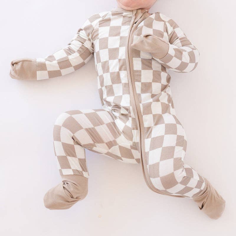Brown Checkerboard Design Bamboo Zipper Romper Pajamas