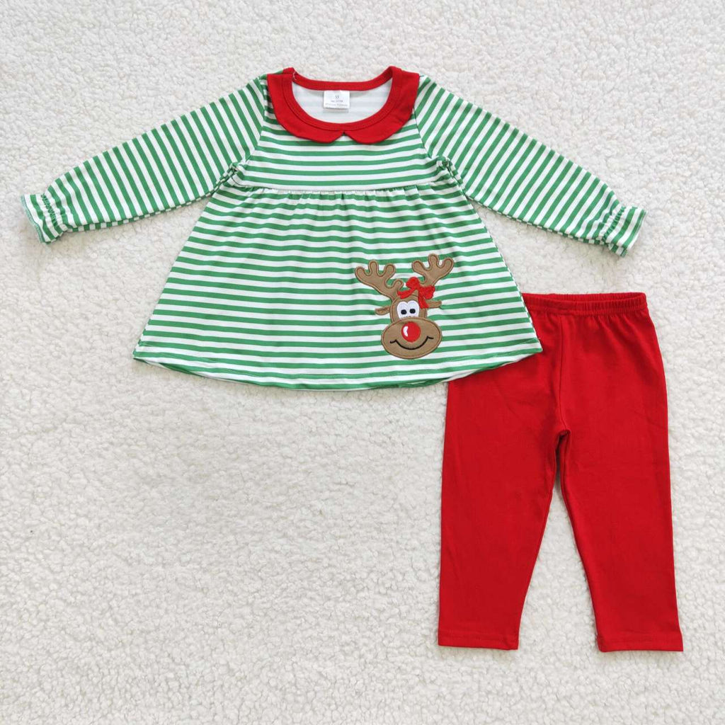 Family Sibling Mama Kids Christmas Embroidery Deer Stripe Clothes Girls Rompers