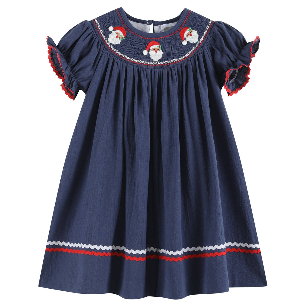 Navy Blue Santa Smocked Bishop Dress: Navy