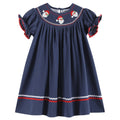 Navy Blue Santa Smocked Bishop Dress: Navy