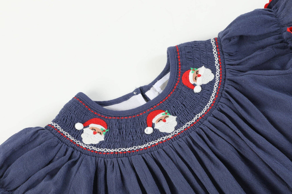 Navy Blue Santa Smocked Bishop Dress: Navy