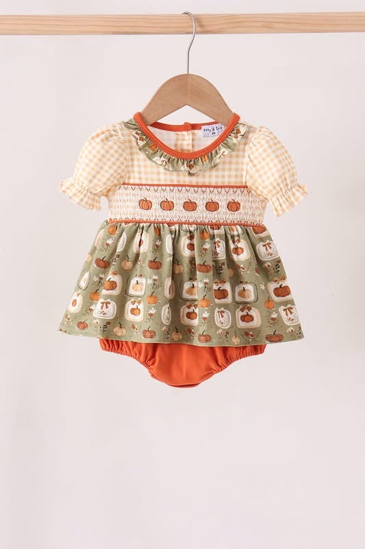Vintage Pumpkin Smocked Ruffle Bubble