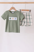 GREEN PUMPKIN EMBROIDERY PLAID SHORTS SET