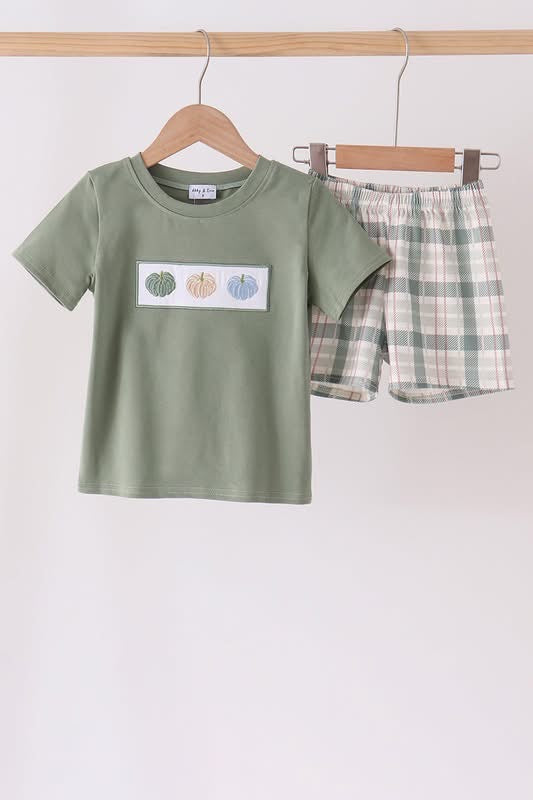 GREEN PUMPKIN EMBROIDERY PLAID SHORTS SET