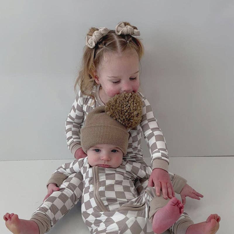 Brown Checkerboard Design Bamboo Zipper Romper Pajamas
