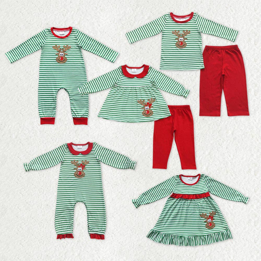 Family Sibling Mama Kids Christmas Embroidery Deer Stripe Clothes Girls Rompers