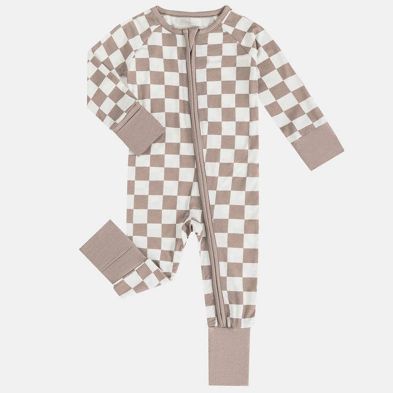 Brown Checkerboard Design Bamboo Zipper Romper Pajamas