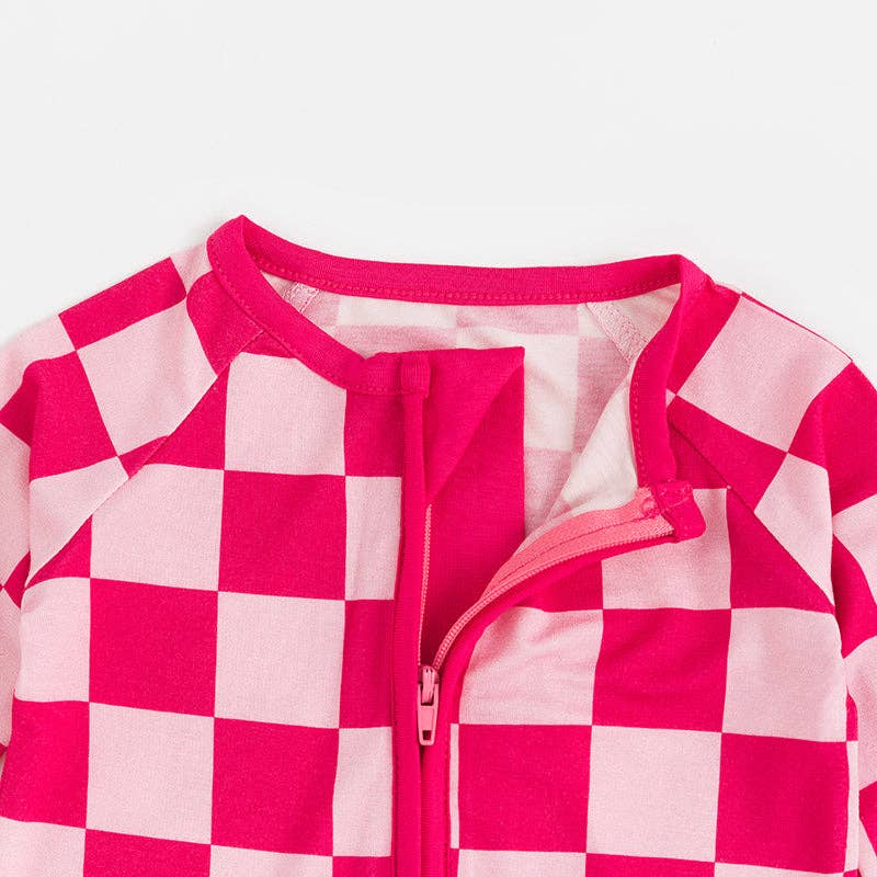 Bamboo Rose Red Checkerboard Zipper Romper Pajamas