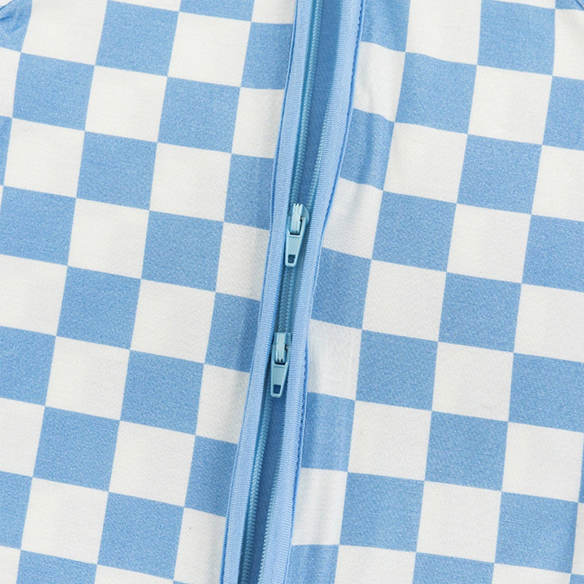 Blue Checkerboard Design Bamboo Zipper Romper Pajamas