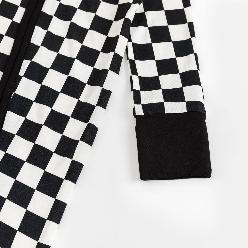Black and White Checkerboard Design Bamboo Zipper Romper Pajamas