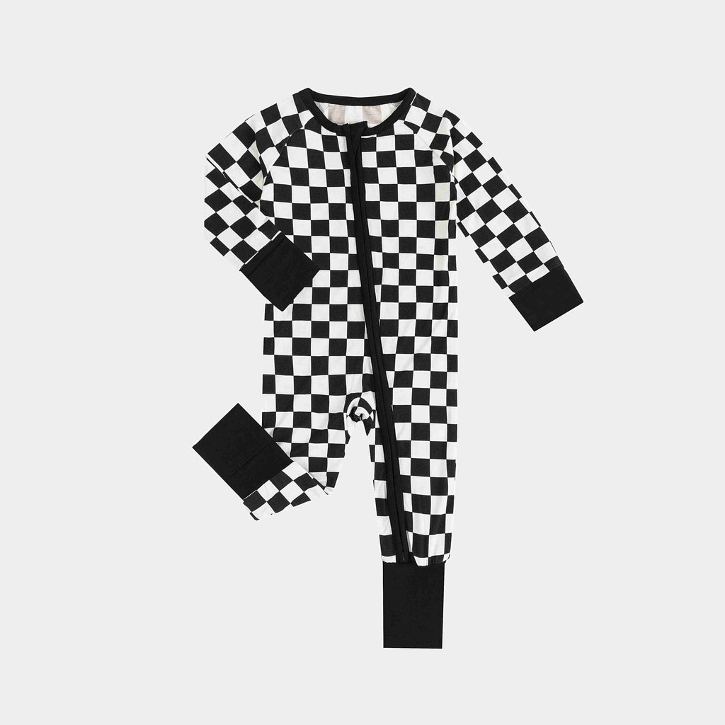 Black and White Checkerboard Design Bamboo Zipper Romper Pajamas
