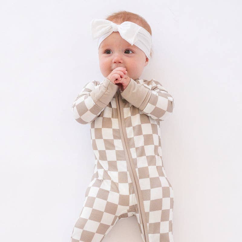 Brown Checkerboard Design Bamboo Zipper Romper Pajamas