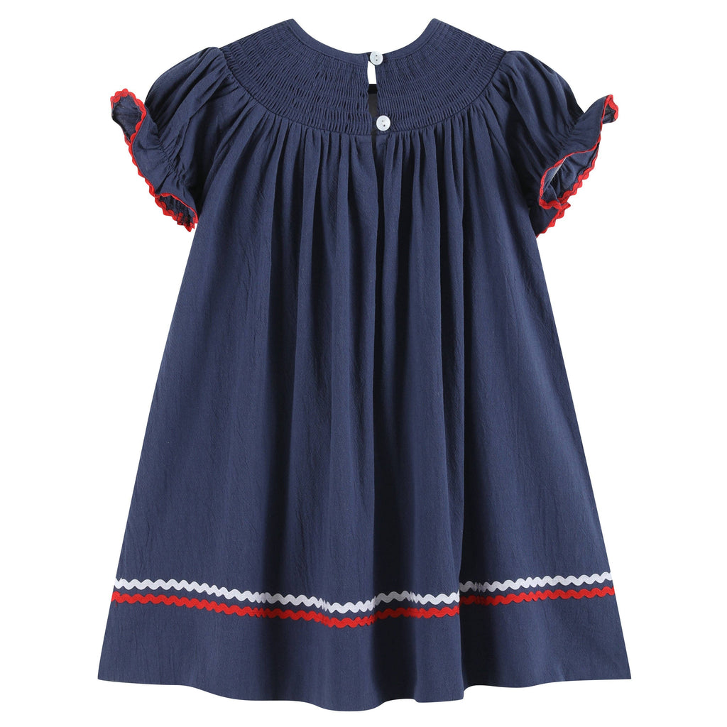 Navy Blue Santa Smocked Bishop Dress: Navy