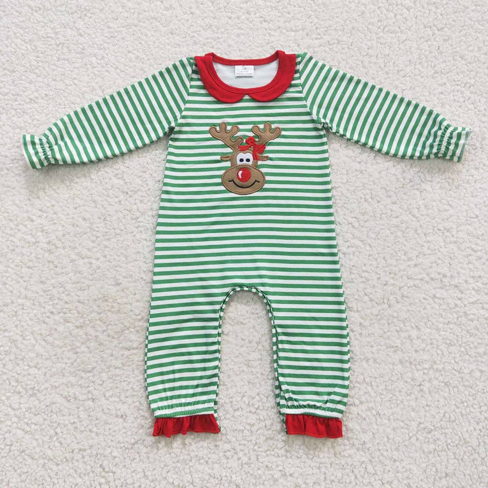 Family Sibling Mama Kids Christmas Embroidery Deer Stripe Clothes Girls Rompers