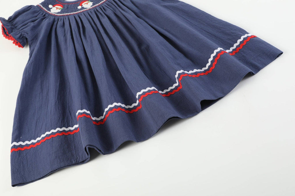 Navy Blue Santa Smocked Bishop Dress: Navy
