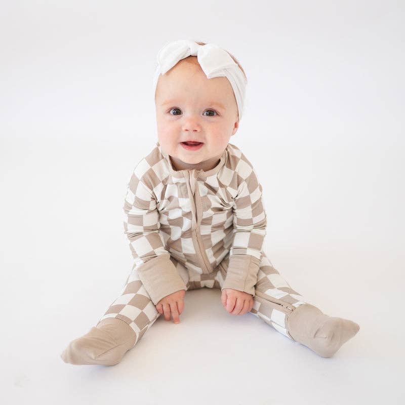 Brown Checkerboard Design Bamboo Zipper Romper Pajamas