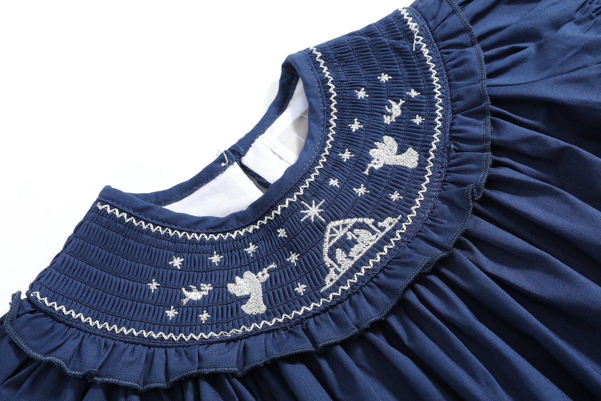 Blue Nativity Smocked Ruffle Bishop Dress