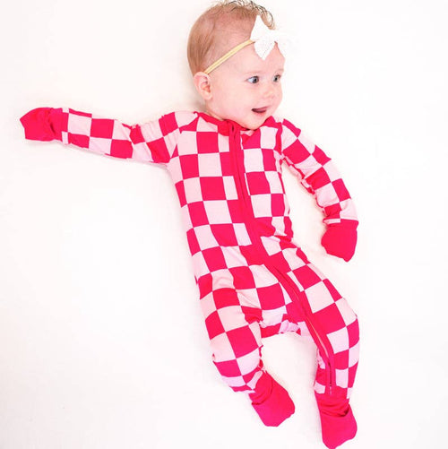 Bamboo Rose Red Checkerboard Zipper Romper Pajamas