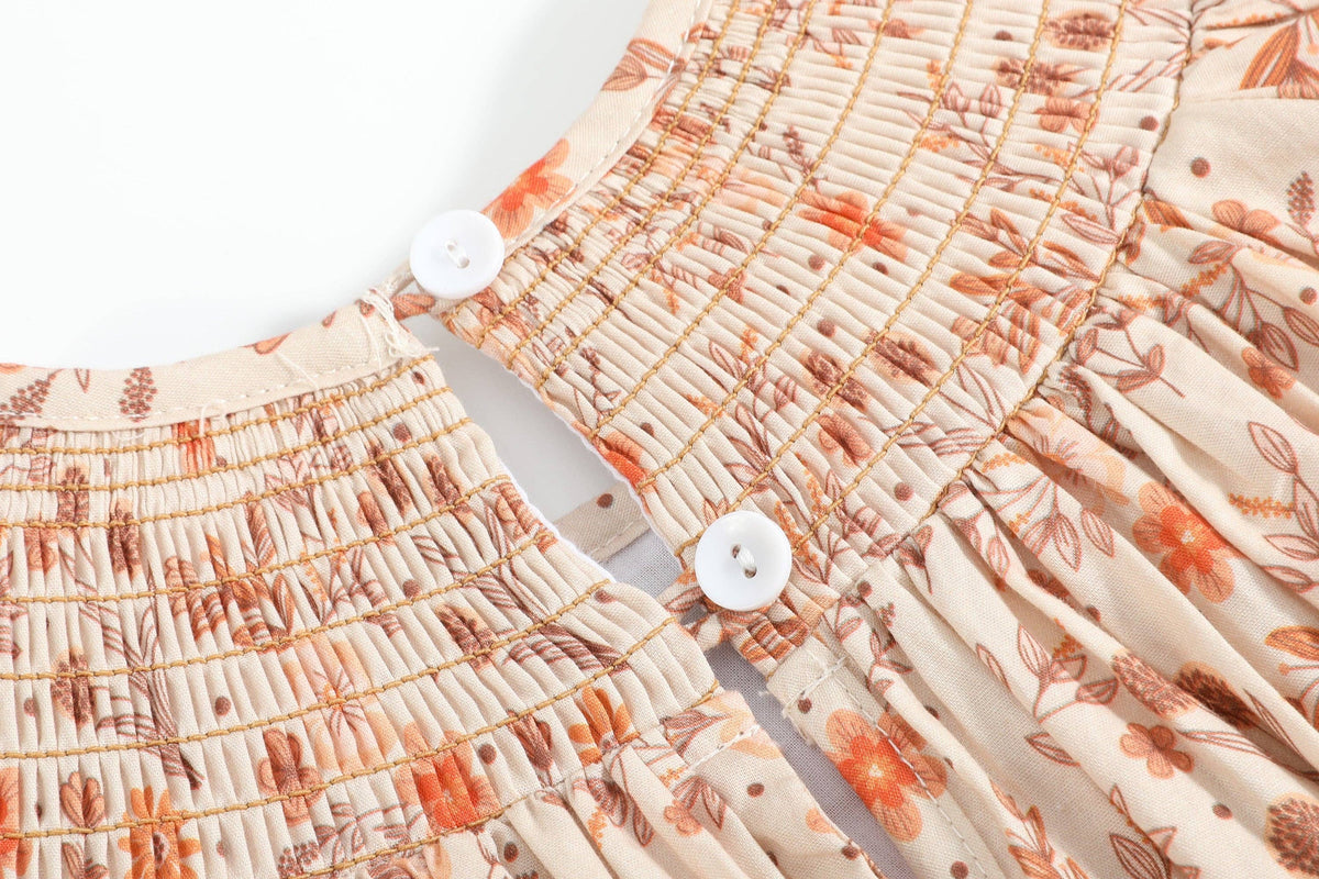Brown Floral Smocked Bishop Dress